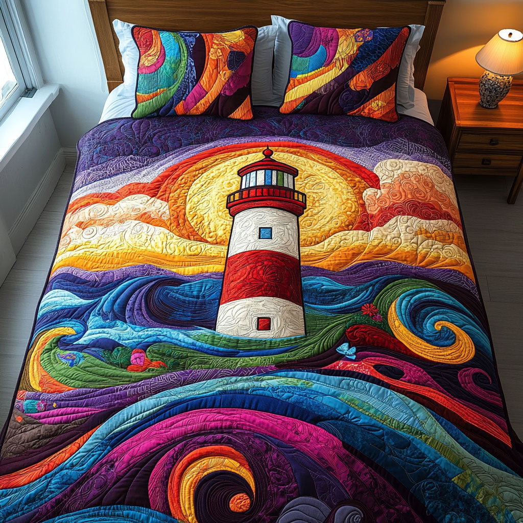 Colorful Waves Lighthouse 3-Piece Quilted Bedding Set - Single (59" x 70")