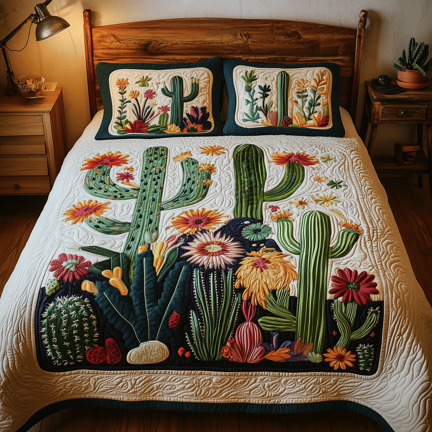 Colorful Cactus 3-Piece Quilted Bedding Set - Single (59" x 70")