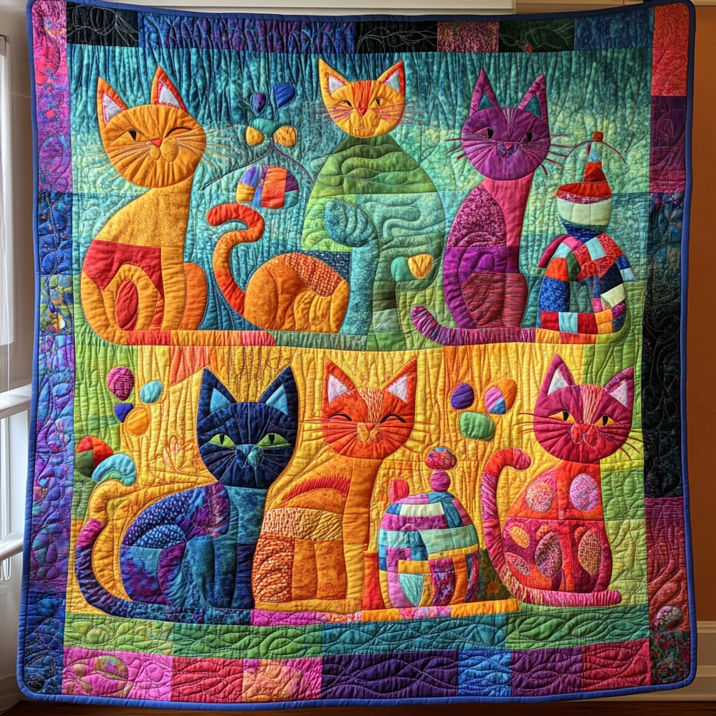 Colorful Cat And Yarns Quilted Blanket - Throw (55" x 60")