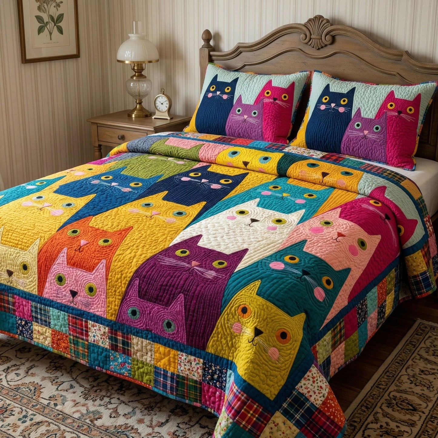 Colorful Cat Parade 3-Piece Quilted Bedding Set - Single (59" x 70")