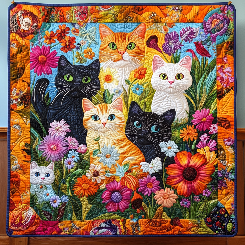 Colorful Cat Peeking Quilted Blanket - Throw (55" x 60")
