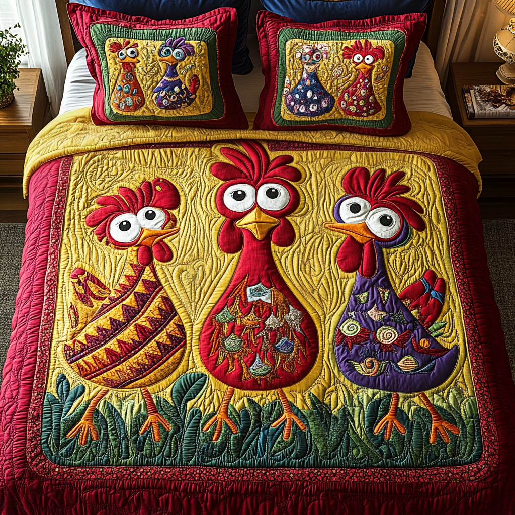 Colorful Cluckers 3-Piece Quilted Bedding Set - Single (59" x 70")
