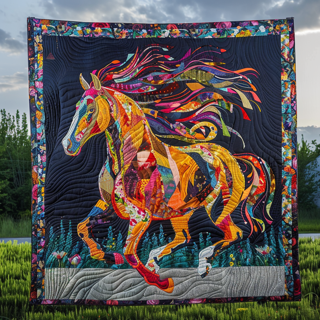 Colorful Galloping Horse Quilted Blanket - Throw (55" x 60")