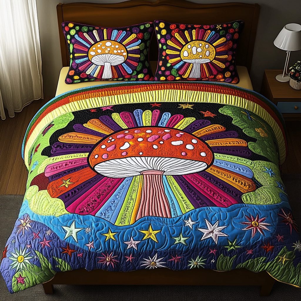 Colorful Mushrooms 3-Piece Quilted Bedding Set - Single (59" x 70")