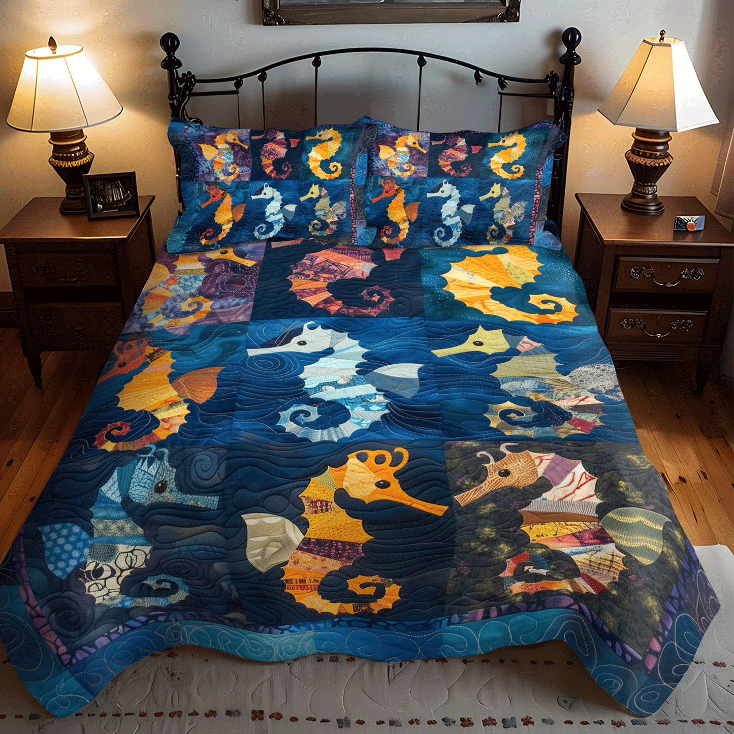 Colorful Seahorses 3-Piece Quilted Bedding Set - Single (59" x 70")