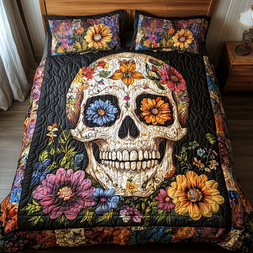 Colorful Skull Accent 3-Piece Quilted Bedding Set - Single (59" x 70")