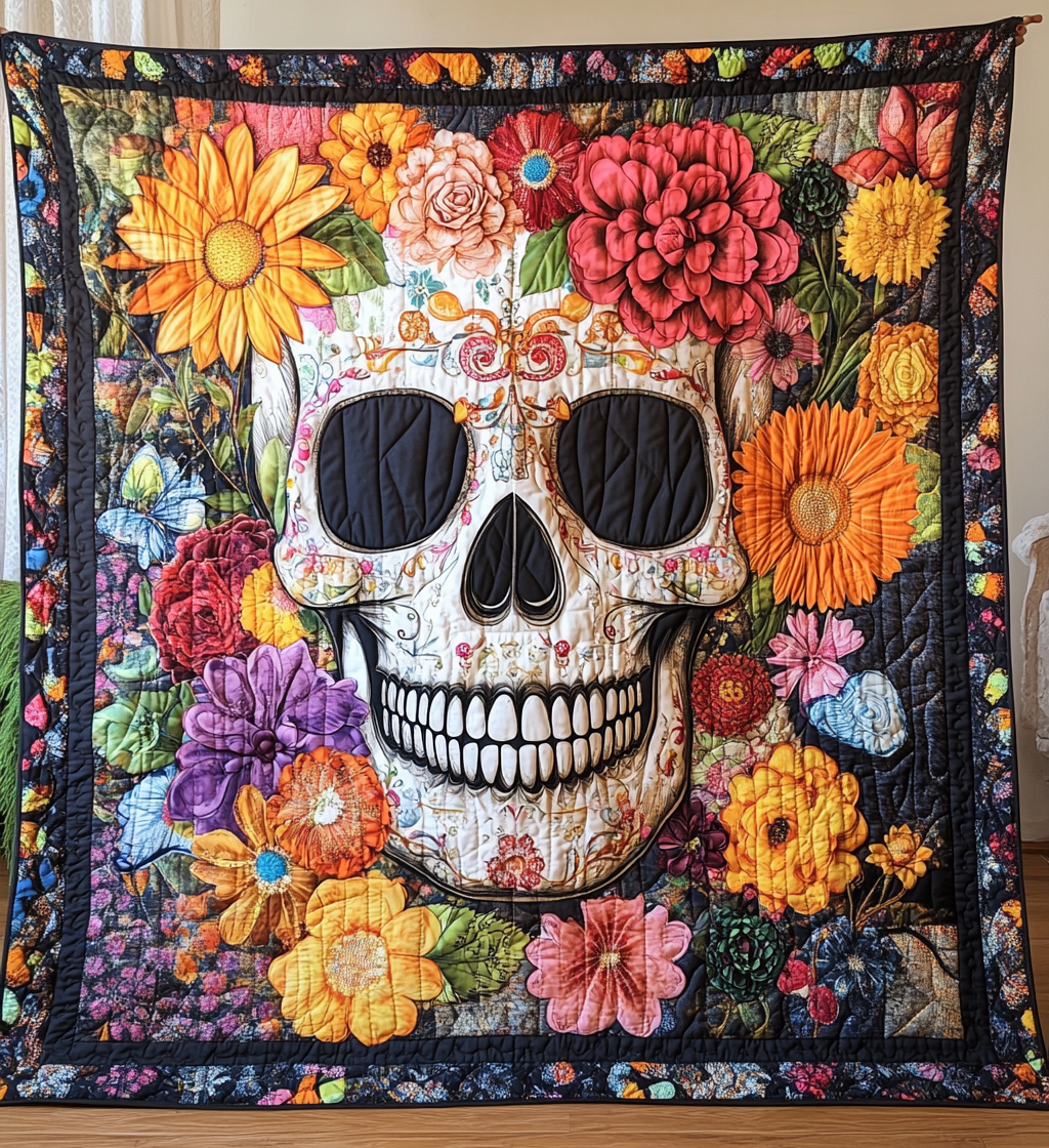 Colorful Skull Accent Quilted Blanket - Throw (55" x 60")