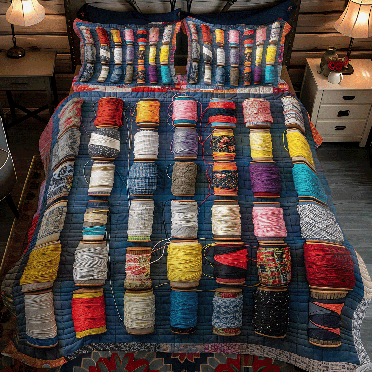 Colorful Spools 3-Piece Quilted Bedding Set - Single (59" x 70")