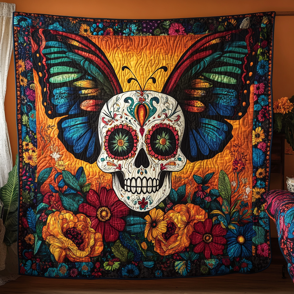 Colorful Sugar Skull Quilted Blanket - Throw (55" x 60")