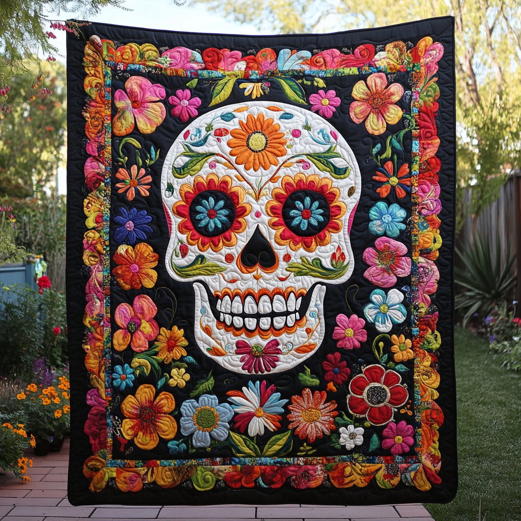 Colorful Sugar Skull Quilted Blanket - Throw (55" x 60")