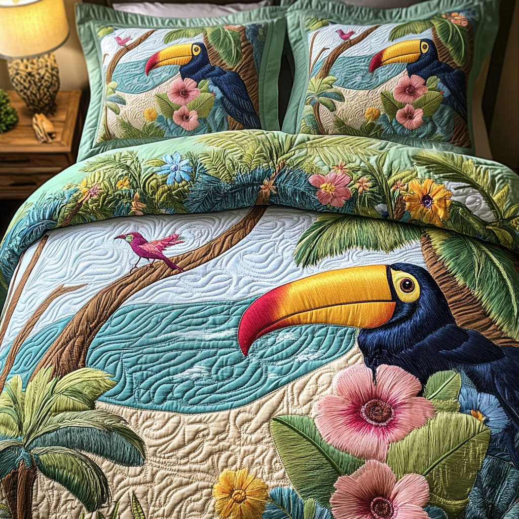 Colorful Toucan 3-Piece Quilted Bedding Set - Single (59" x 70")