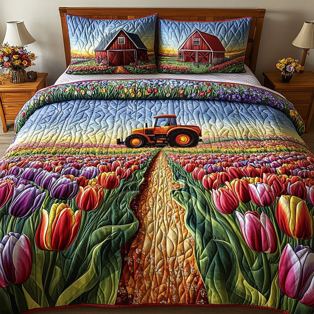 Colorful Tulip Fields 3-Piece Quilted Bedding Set - Single (59" x 70")