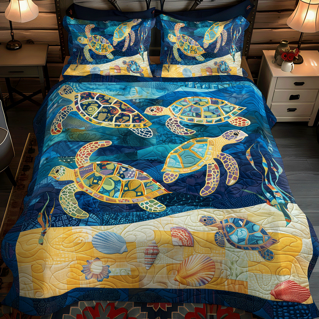 Colorful Turtle Expedition 3-Piece Quilted Bedding Set - Single (59" x 70")