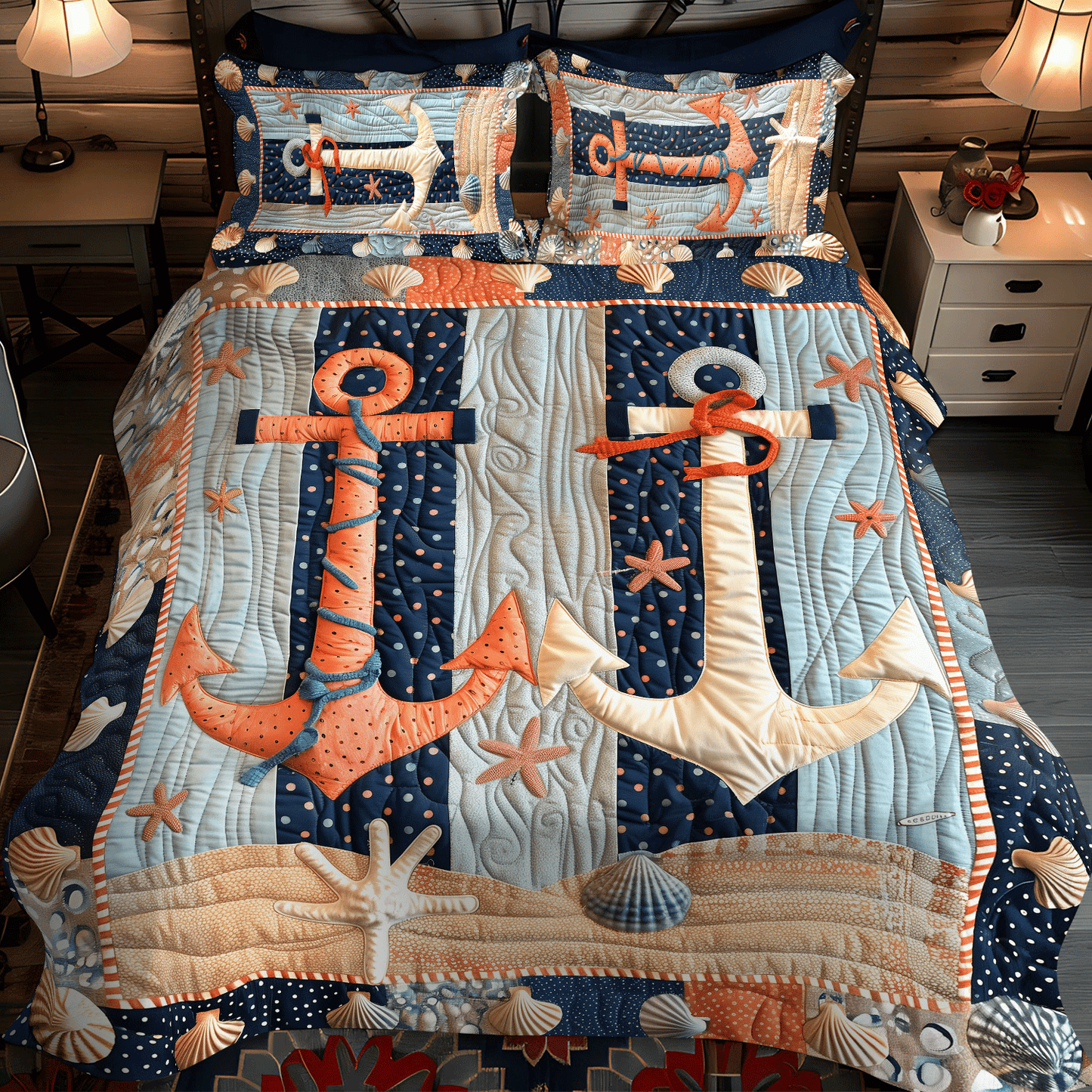 Coral Anchors 3-Piece Quilted Bedding Set - Single (59" x 70")