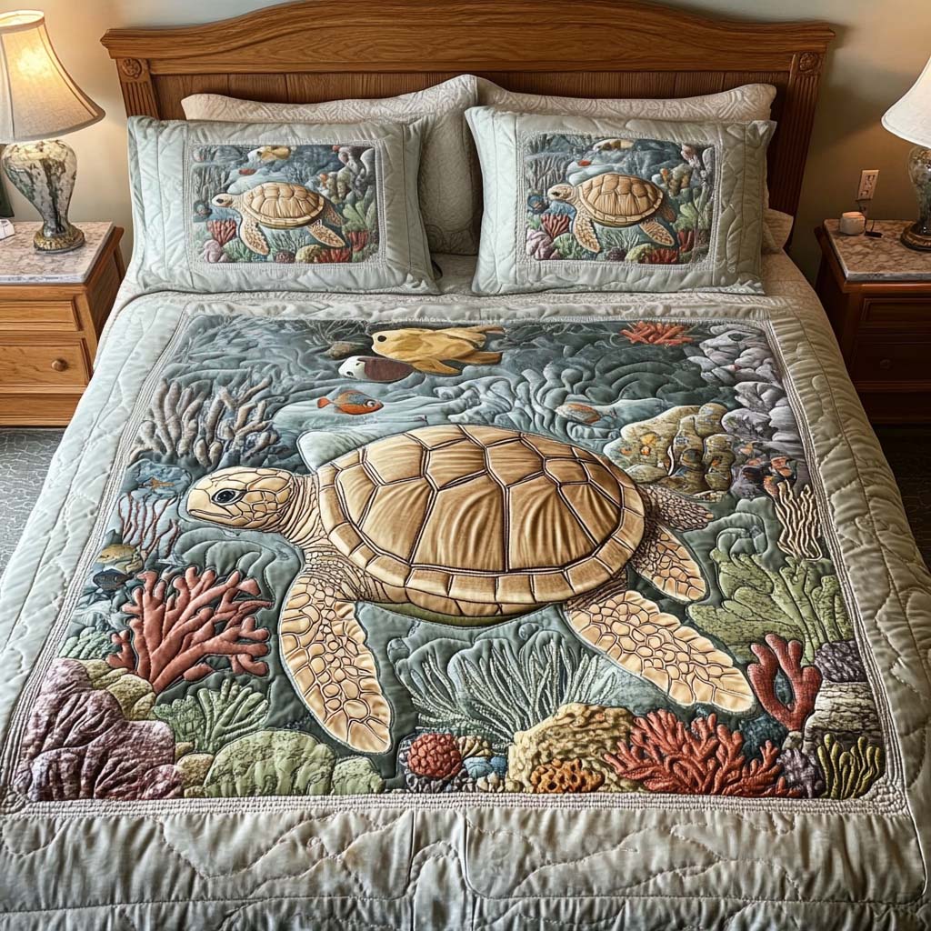 Single (59'' x 70'') /Coral Reef 3-Piece Quilted Bedding Set