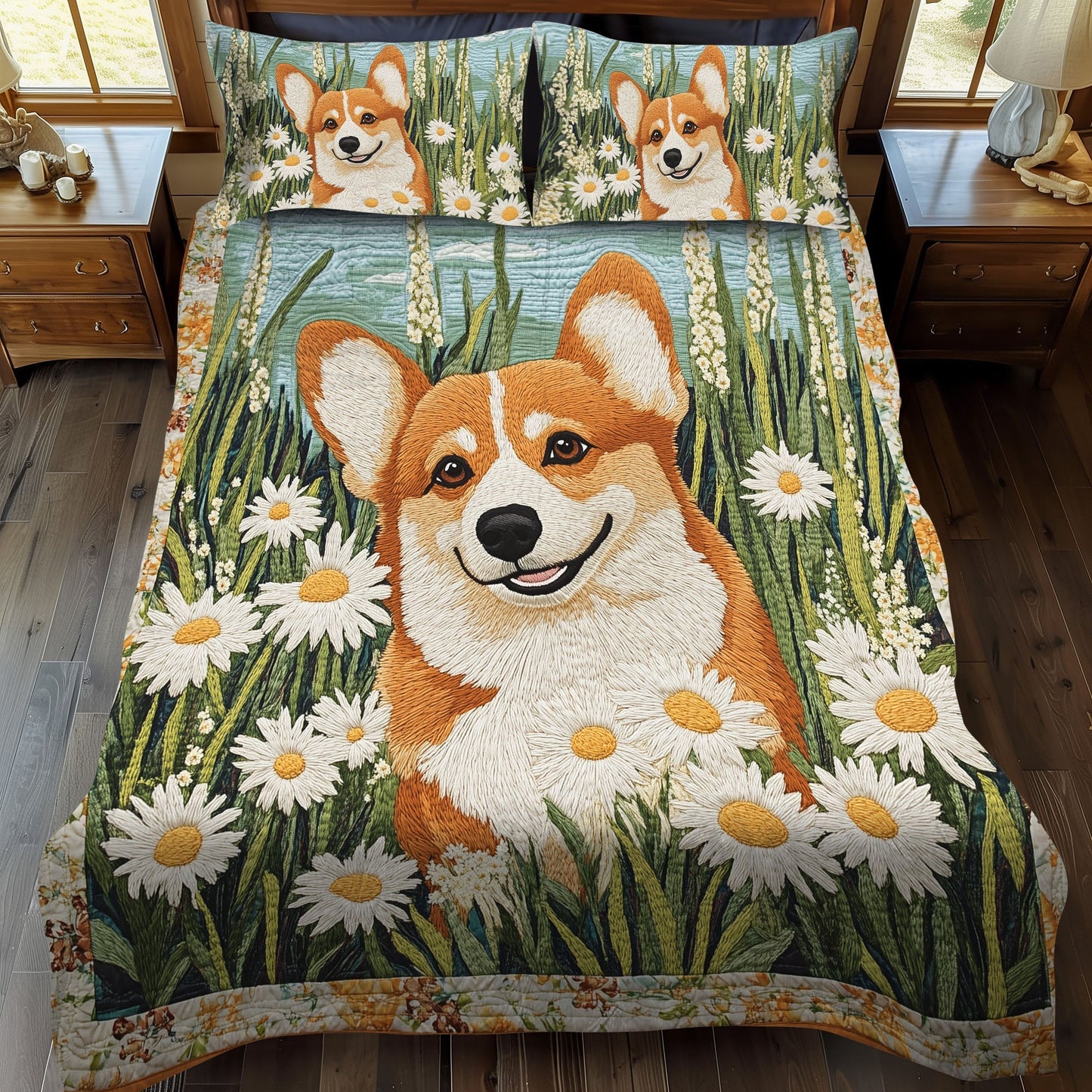 Corgi Floral Wonderland 3-Piece Quilted Bedding Set - Single (59" x 70")