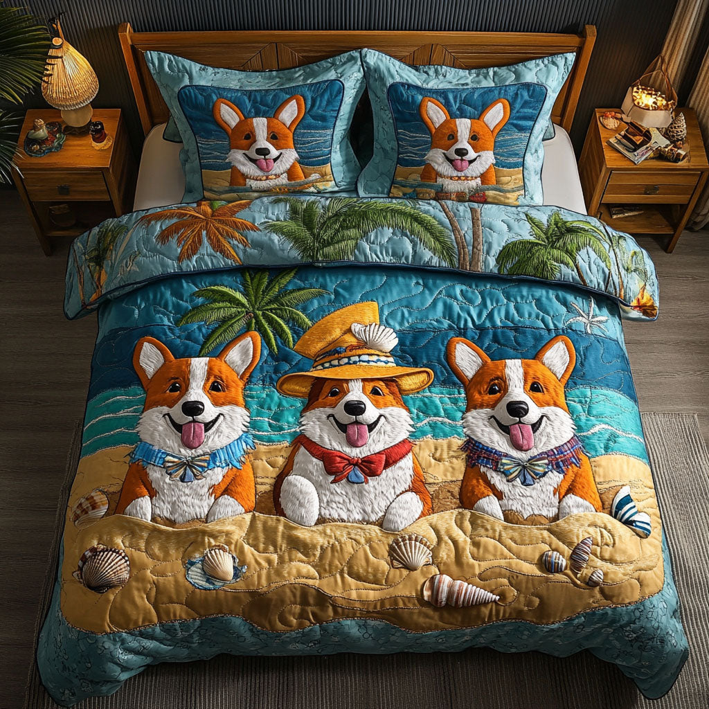 Corgi Shell Time 3-Piece Quilted Bedding Set - Single (59" x 70")