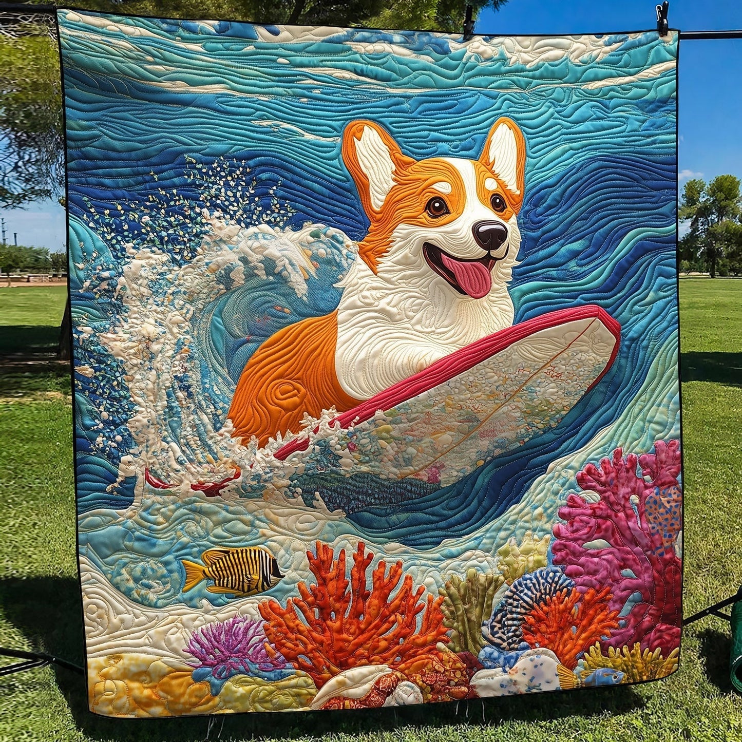 Corgi Waves Quilted Blanket - Throw (55" x 60")