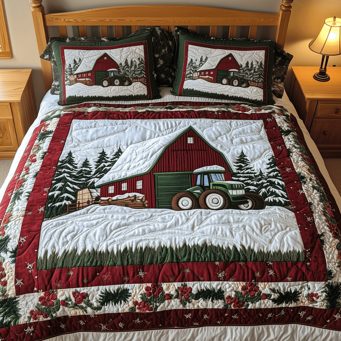 Country Christmas Barn 3-Piece Quilted Bedding Set - Single (59" x 70")