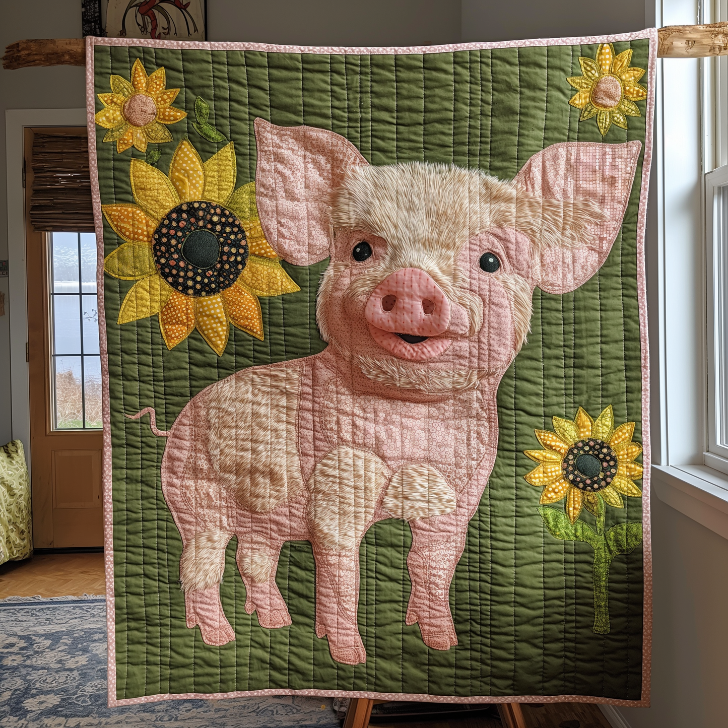 Country Sunflower Pig Quilted Blanket - Throw (55" x 60")