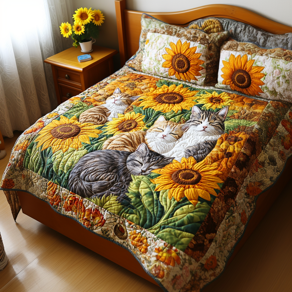 Cozy Cat Companions 3-Piece Quilted Bedding Set - Single (59" x 70")