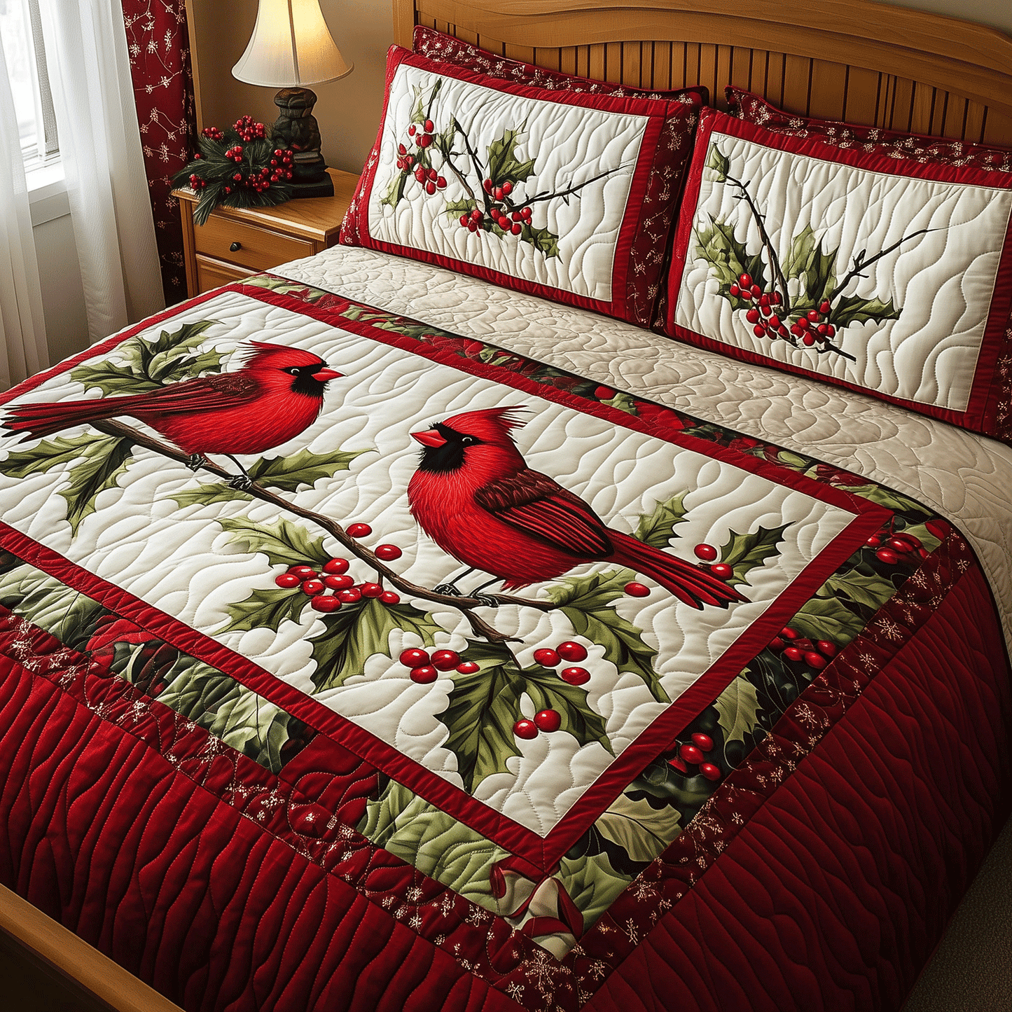 Cozy Cardinal Pair 3-Piece Quilted Bedding Set - Single (59" x 70")