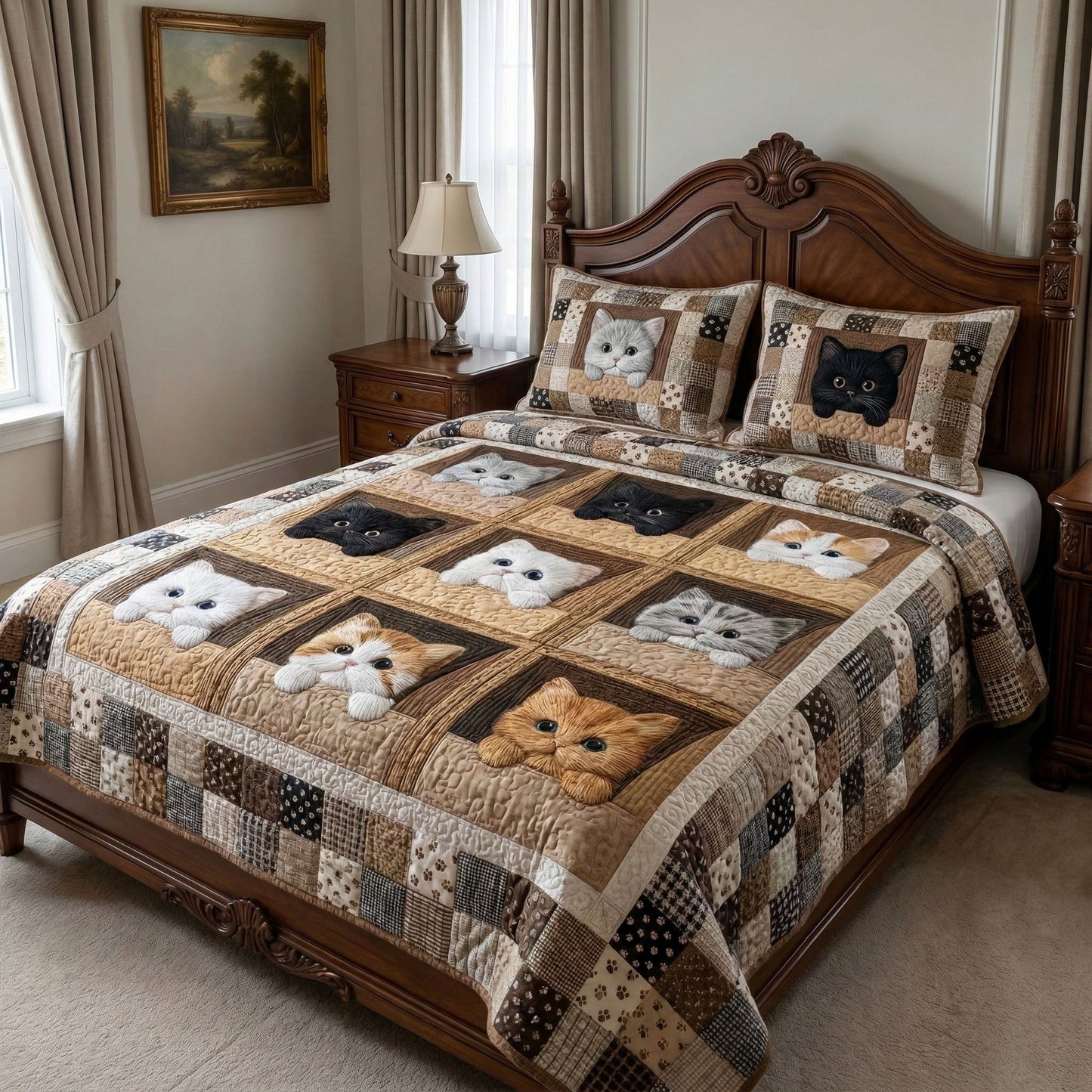 Cozy Cat Squares 3-Piece Quilted Bedding Set - Single (59" x 70")