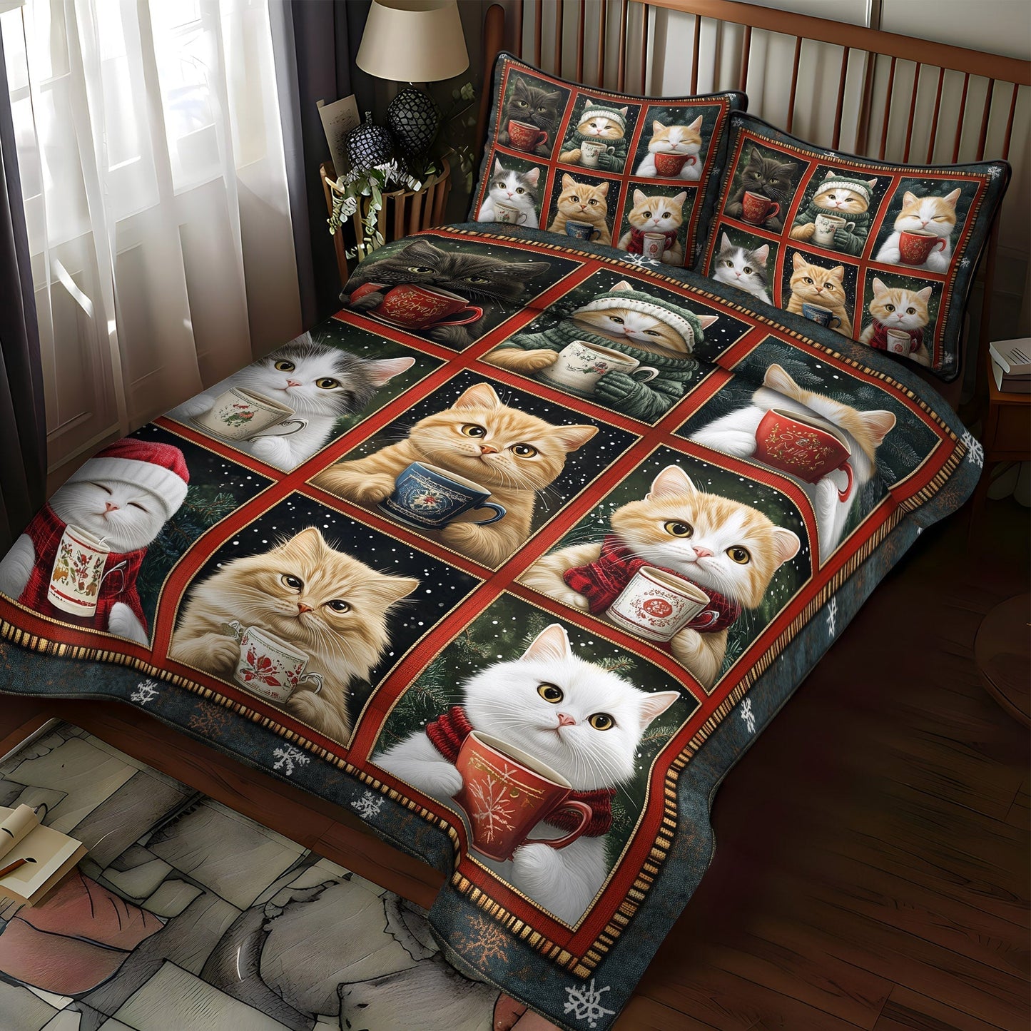 Cozy Christmas Cats 3-Piece Quilted Bedding Set - Single (59" x 70")