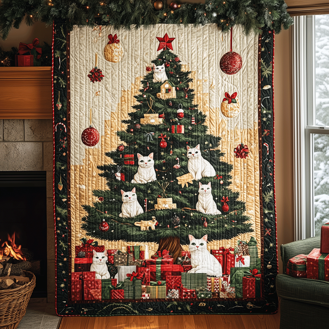 Cozy Christmas Cats Quilted Blanket - Throw (55" x 60")