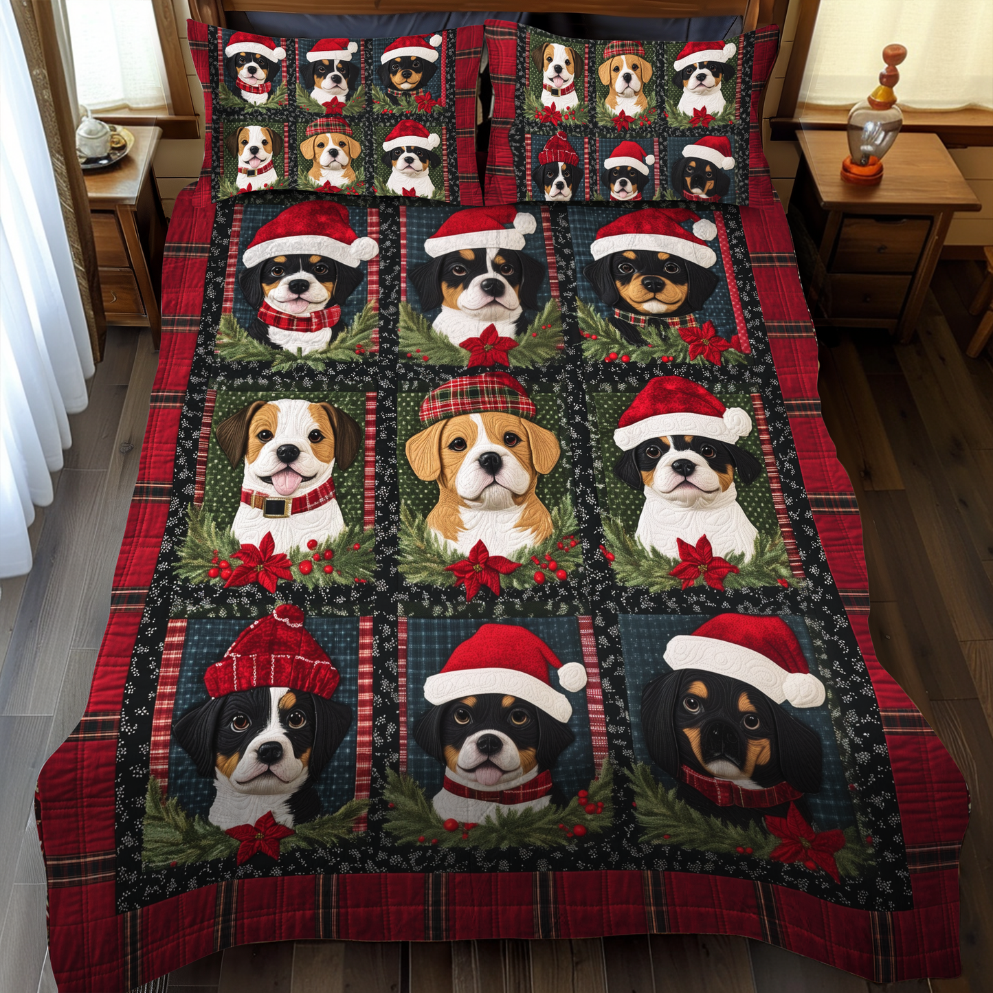 Cozy Christmas Puppies 3-Piece Quilted Bedding Set - Single (59" x 70")