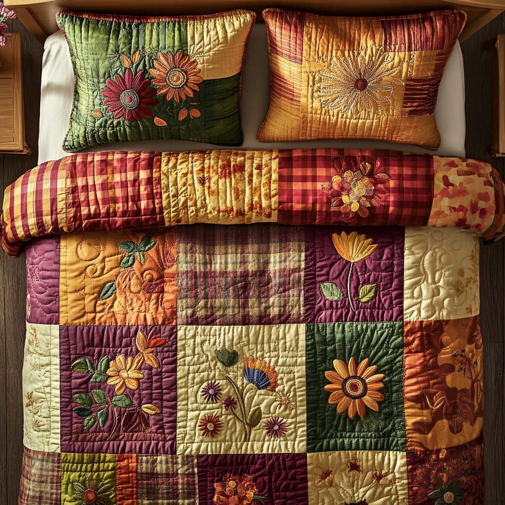 Cozy Floral Autumn 3-Piece Quilted Bedding Set - Single (59" x 70")
