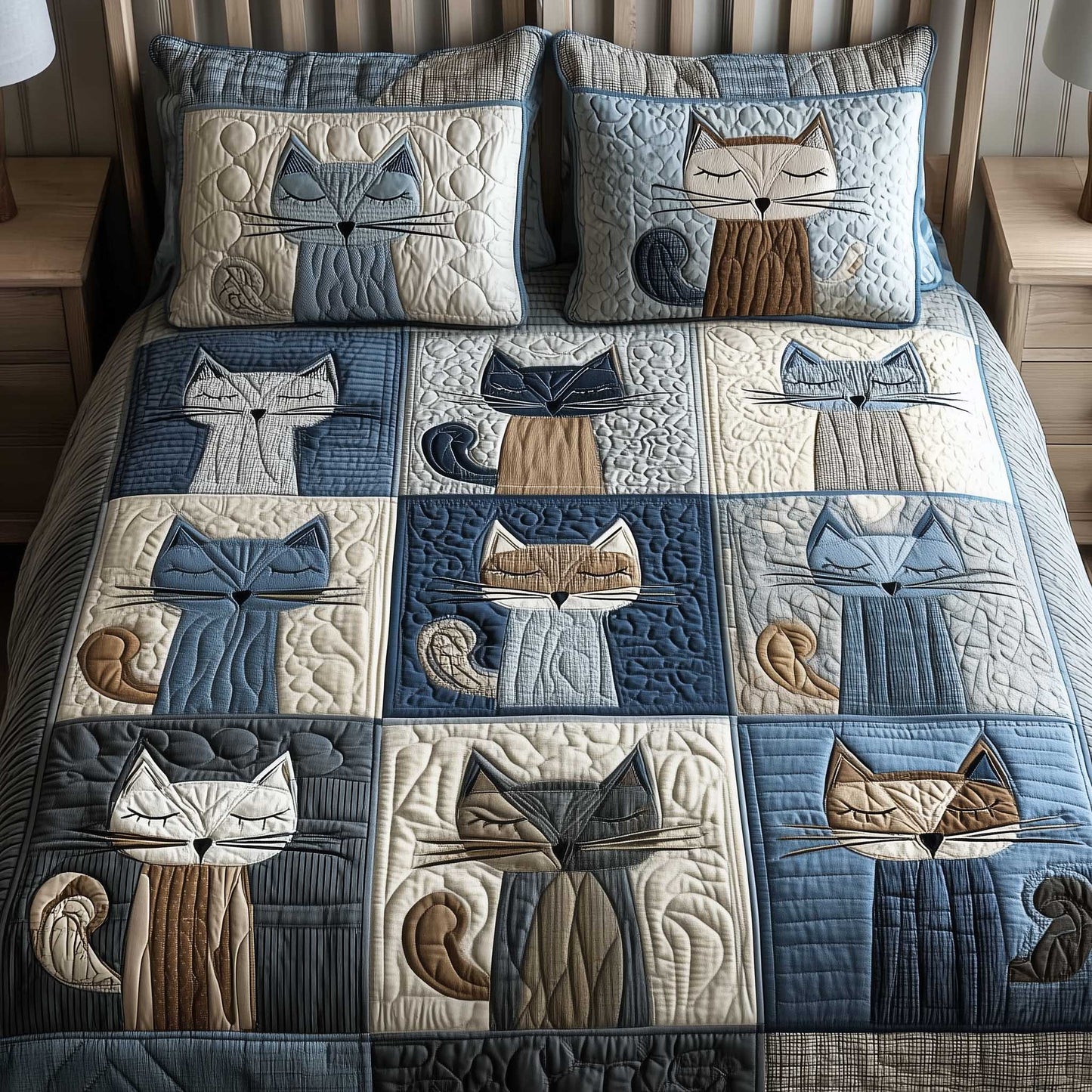 Cozy Patchwork Cat Haven 3-Piece Quilted Bedding Set - Single (59" x 70")