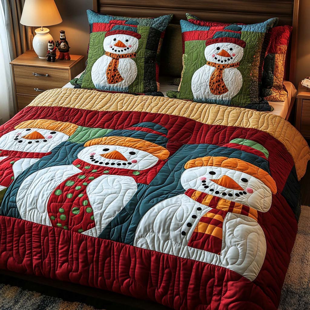Cozy Snowmen 3-Piece Quilted Bedding Set - Single (59" x 70")