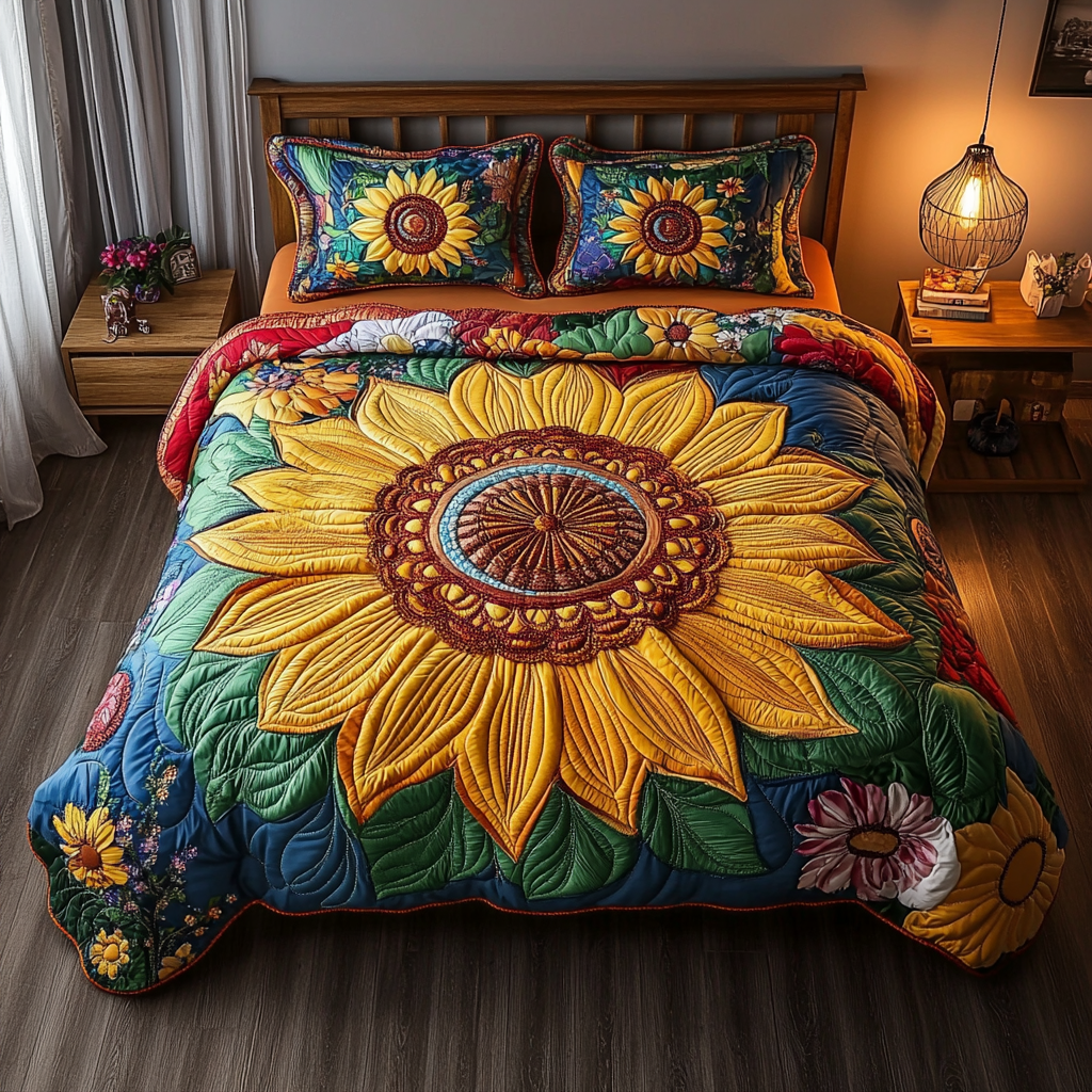 Cozy Sunflower Haven 3-Piece Quilted Bedding Set - Single (59" x 70")