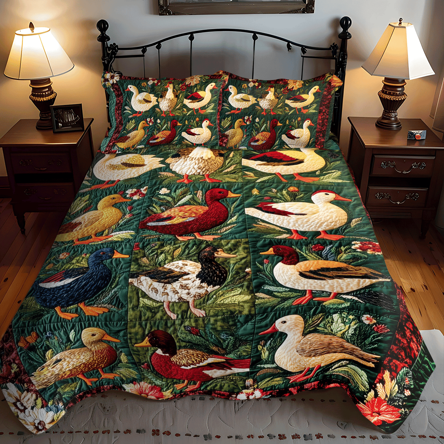 Crimson Duck Garden 3-Piece Quilted Bedding Set - Single (59" x 70")