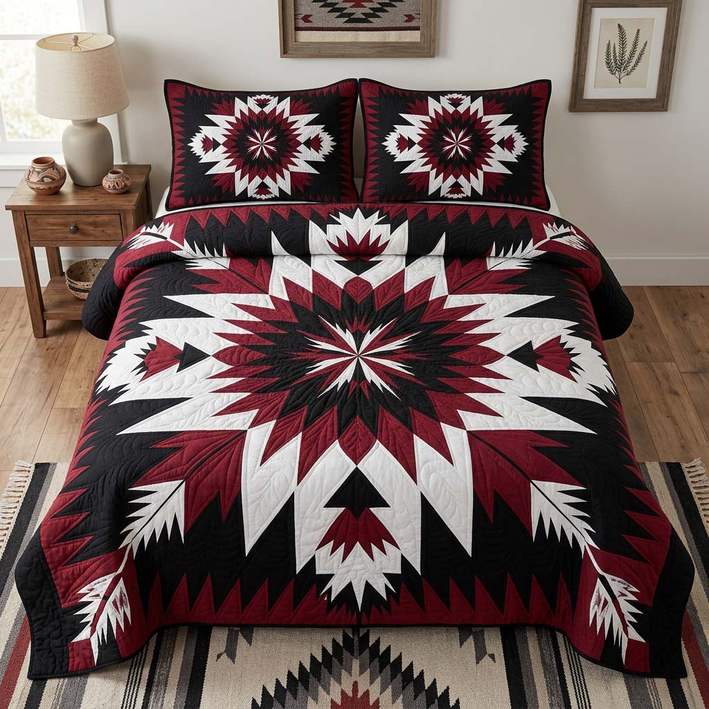 Crimson Starburst 3-Piece Quilted Bedding Set - Single (59" x 70")