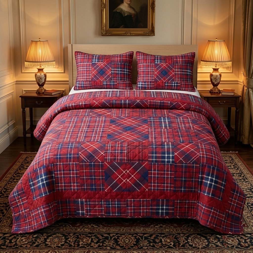 Crimson Tartan 3-Piece Quilted Bedding Set - Single (59" x 70")