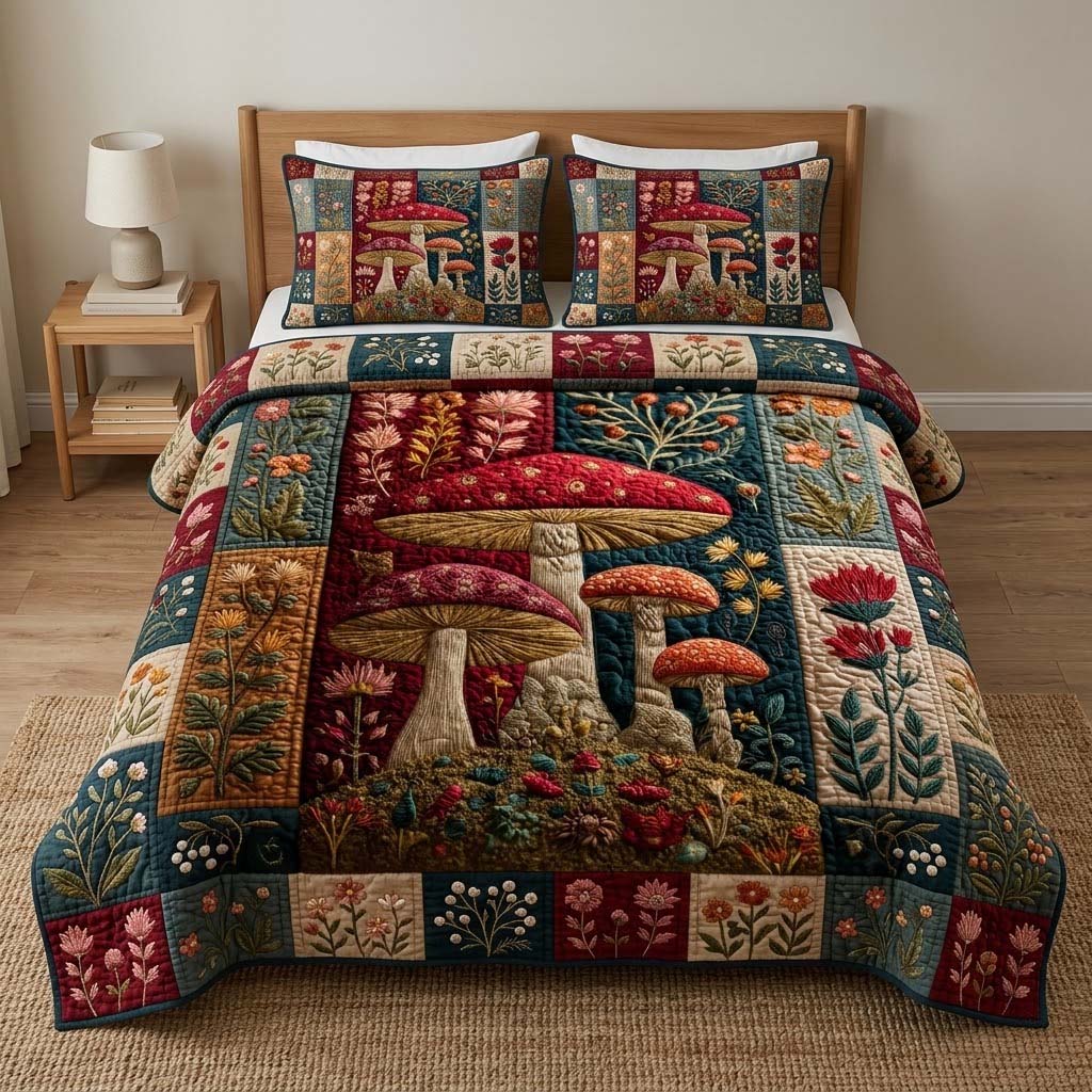 Crimson Toadstool 3-Piece Quilted Bedding Set - Single (59" x 70")