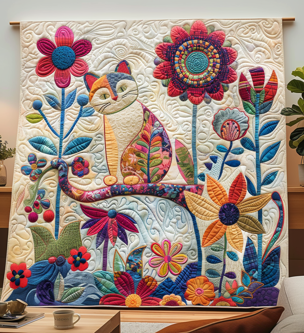 Curious Cat Quilted Blanket - Throw (55" x 60")