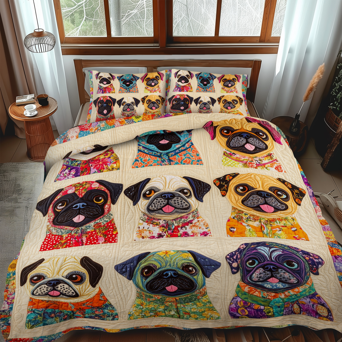 Cute Pugs 3-Piece Quilted Bedding Set - Single (59" x 70")