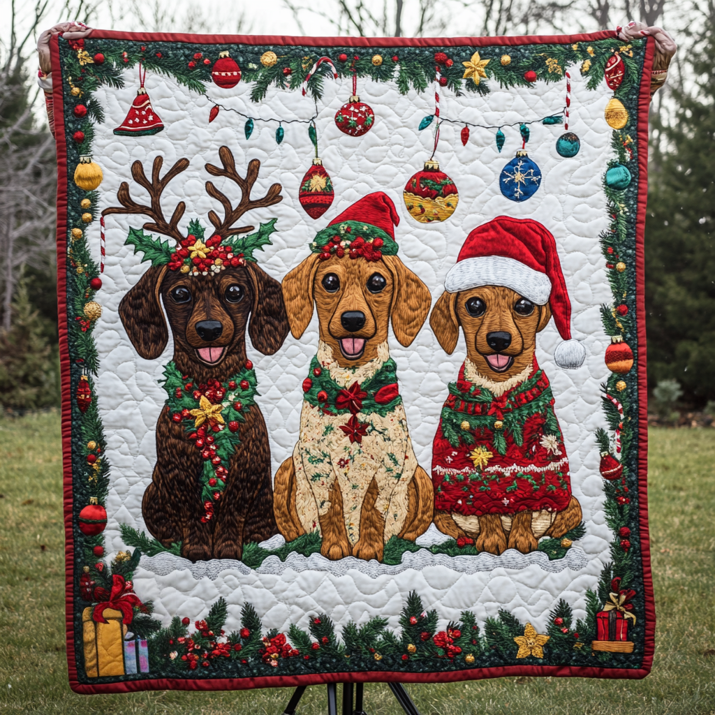 Dachshund Through the Snow Quilted Blanket - Throw (55" x 60")