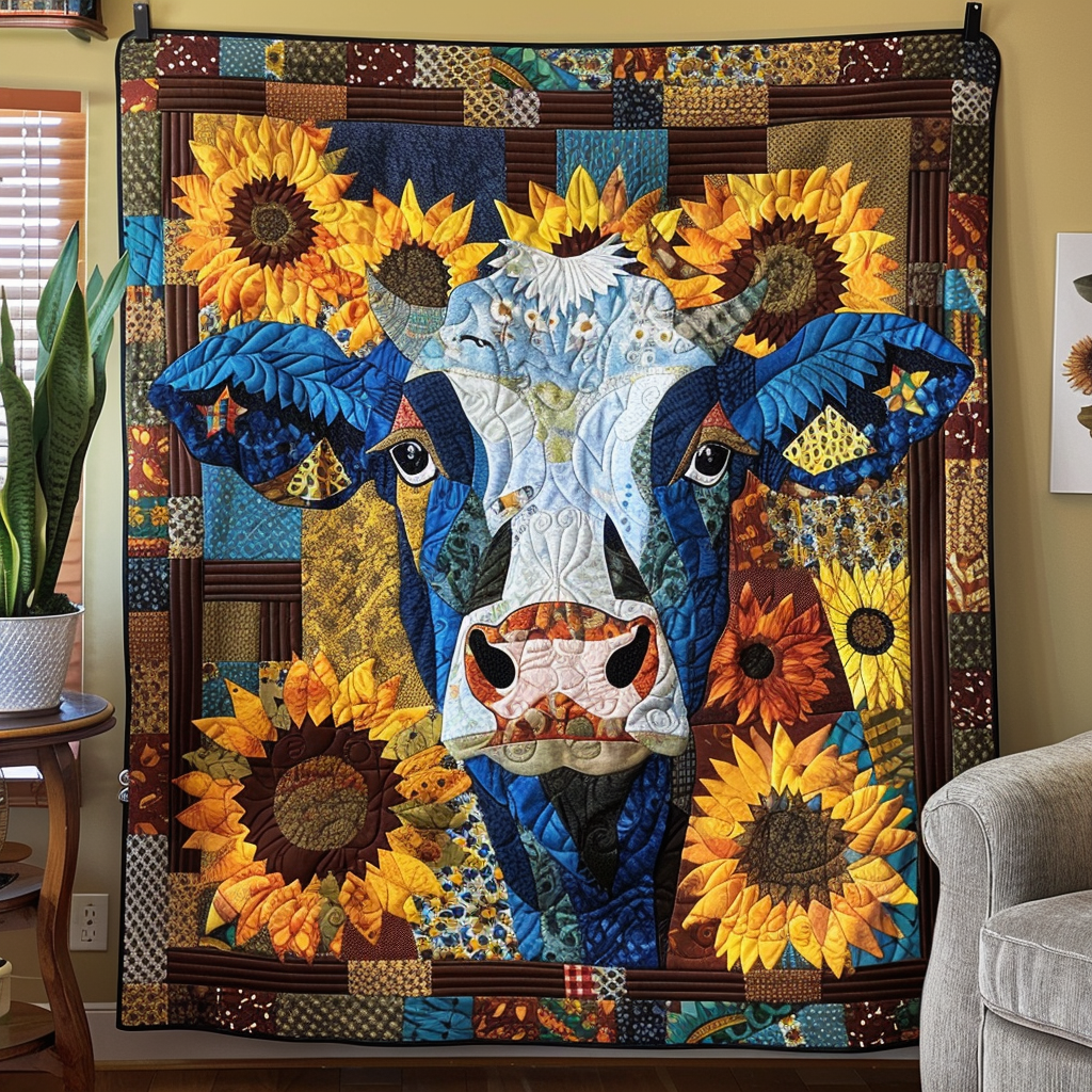 Dapper Cow Sunflower Quilted Blanket - Throw (55" x 60")
