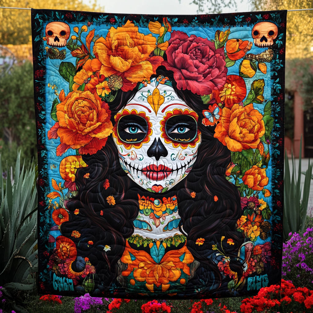 Day Of The Dead Catrina Quilted Blanket - Throw (55" x 60")