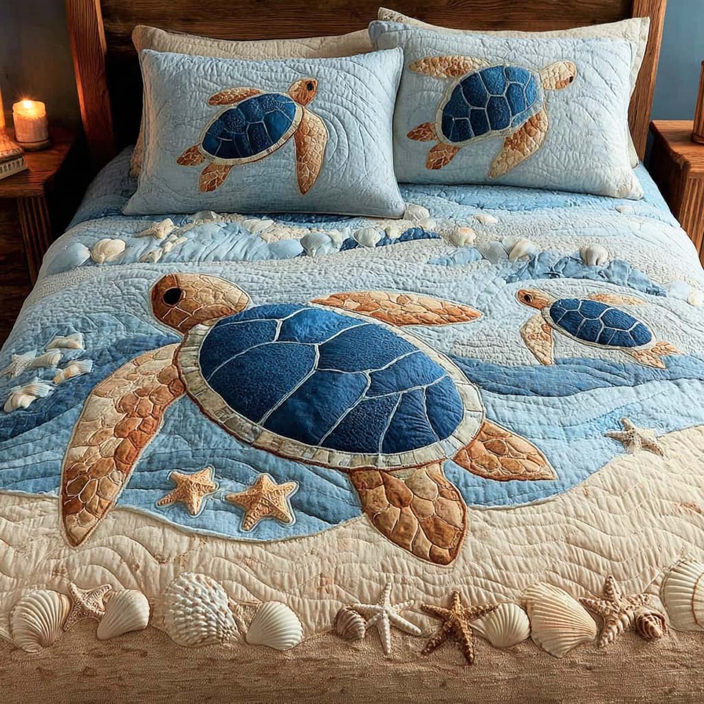 Deep Blue Turtle 3-Piece Quilted Bedding Set - Single (59" x 70")