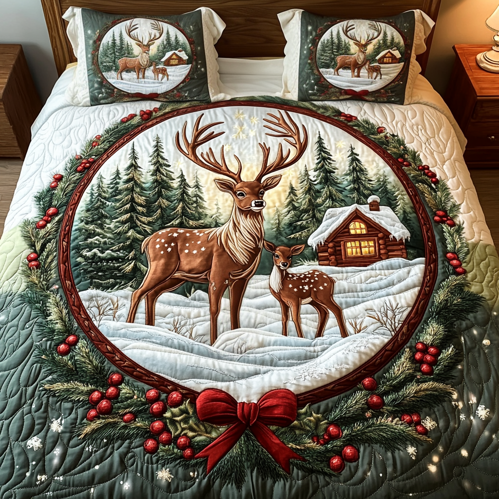 Deer In Cheer 3-Piece Quilted Bedding Set - Single (59" x 70")