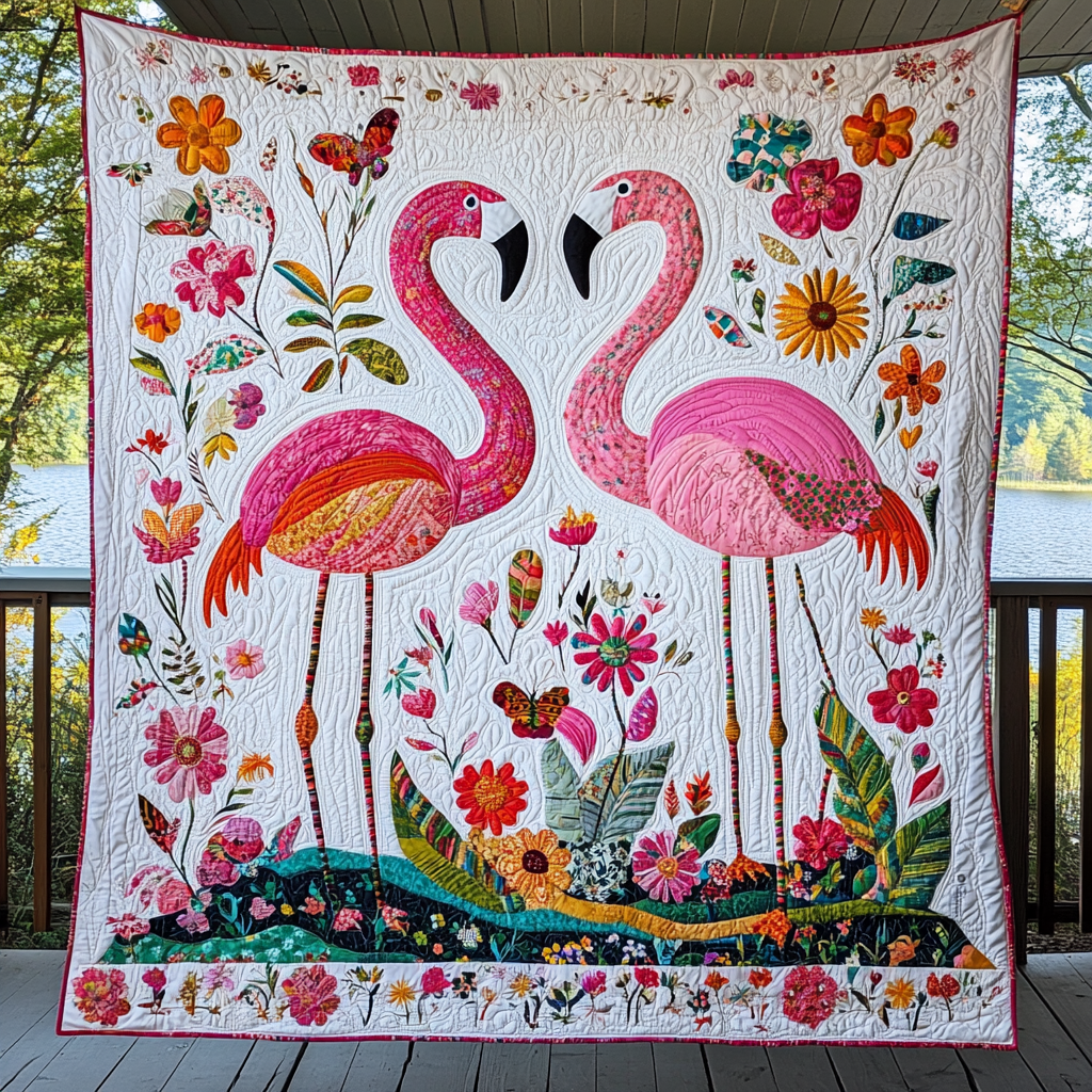 Delightful Cheerful Flamingo Quilted Blanket - Throw (55" x 60")