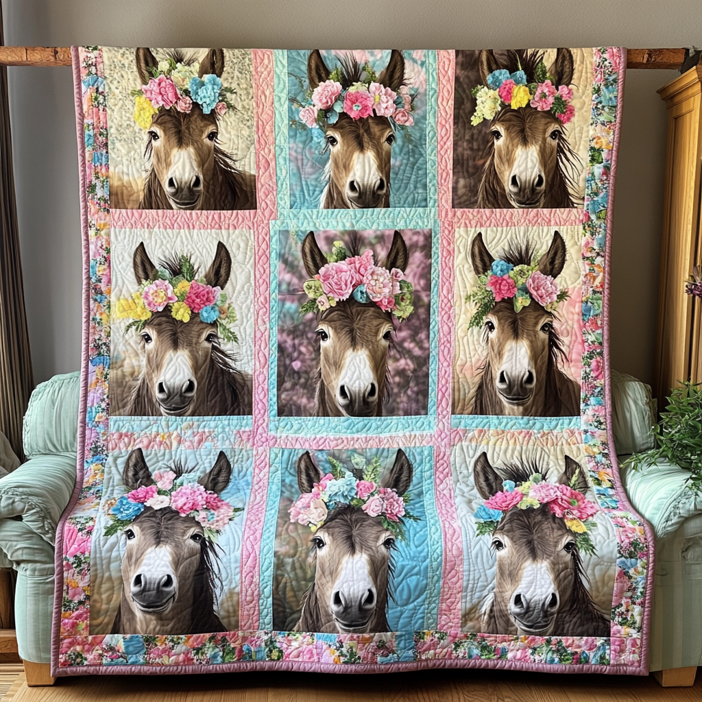 Donkey Floral Patchwork Quilted Blanket - Throw (55" x 60")