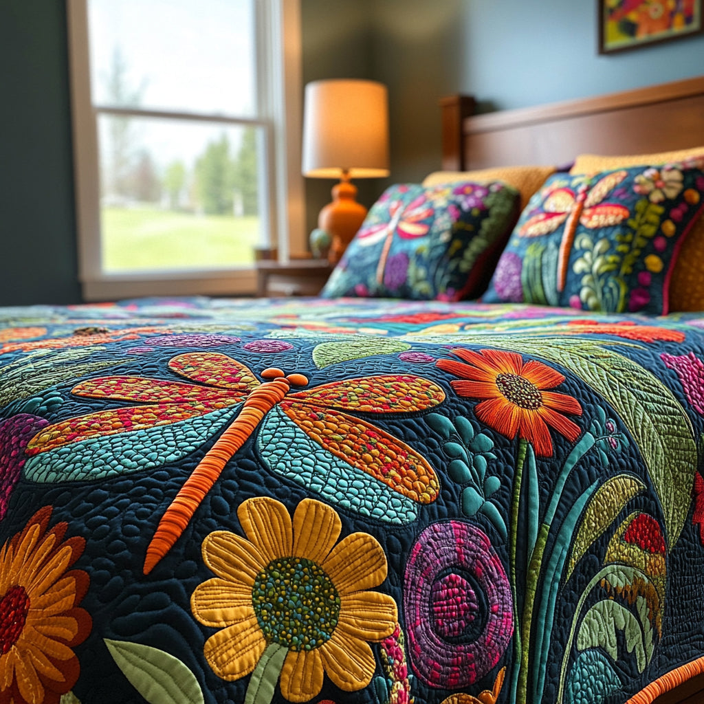 Dragonfly Harmony 3-Piece Quilted Bedding Set - Single (59" x 70")