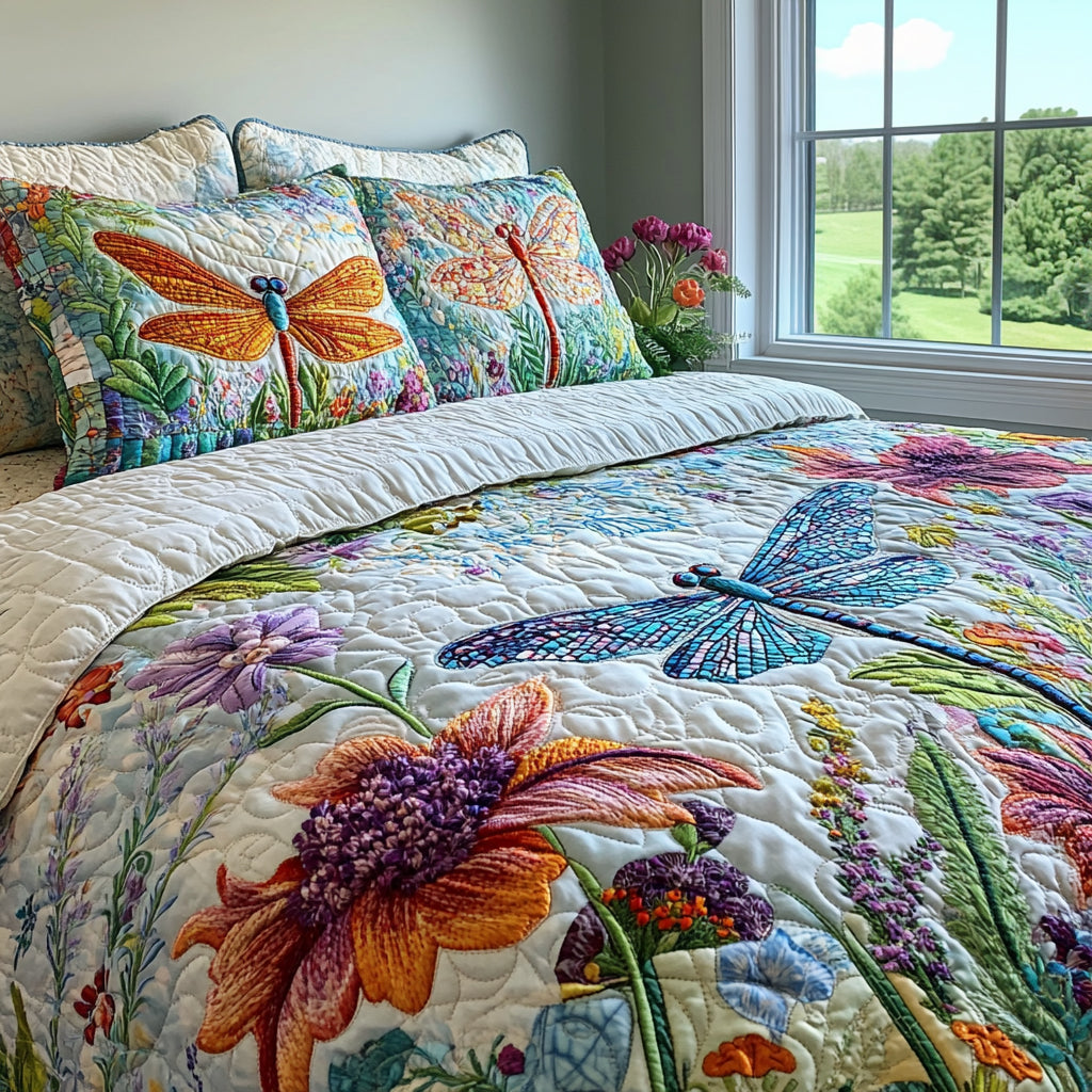 Dragonfly Whispers 3-Piece Quilted Bedding Set - Single (59" x 70")