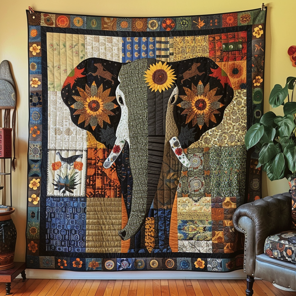 Earthy Sunflower Elephant Quilted Blanket - Throw (55" x 60")